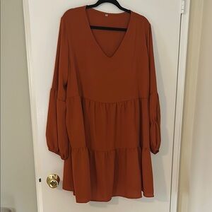 Amazon Orange Mini Sundress with Long Bishop Sleeves and V-Neck